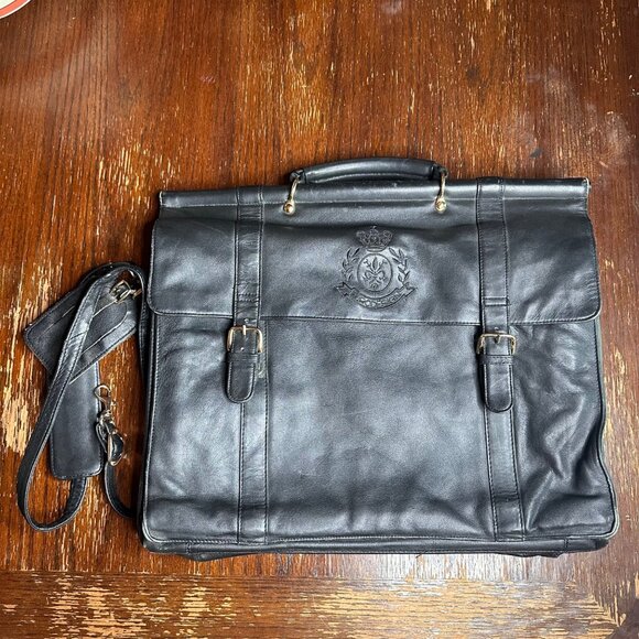 Vintage Eurodesign Black Leather Portfolio Bag With Shoulder Strap & Buckle Clos - Picture 1 of 12